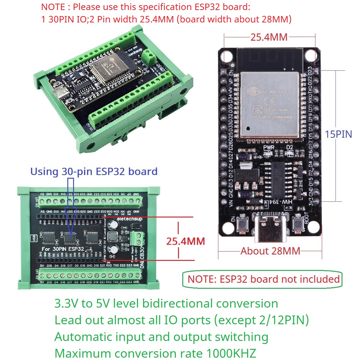 ESP32 30P DIN Rail Adapter, 3. – Level Shifter 3.3V Bewertung und Preis